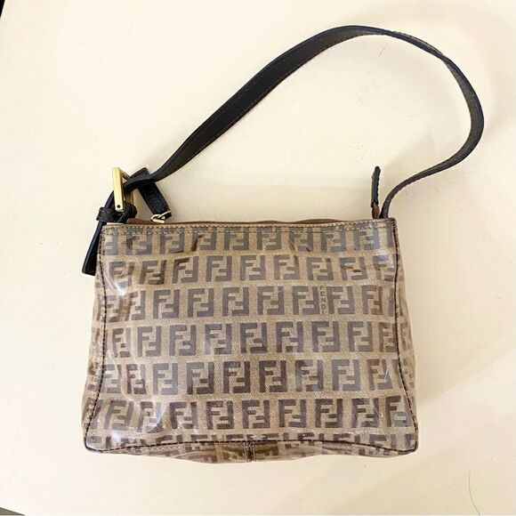 FENDI Zucchino Patent Leather Shoulder Bag Beige Brown